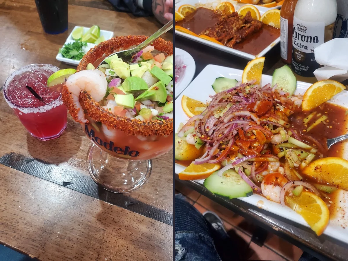 Colorful Mexican dishes on a casual restaurant table.